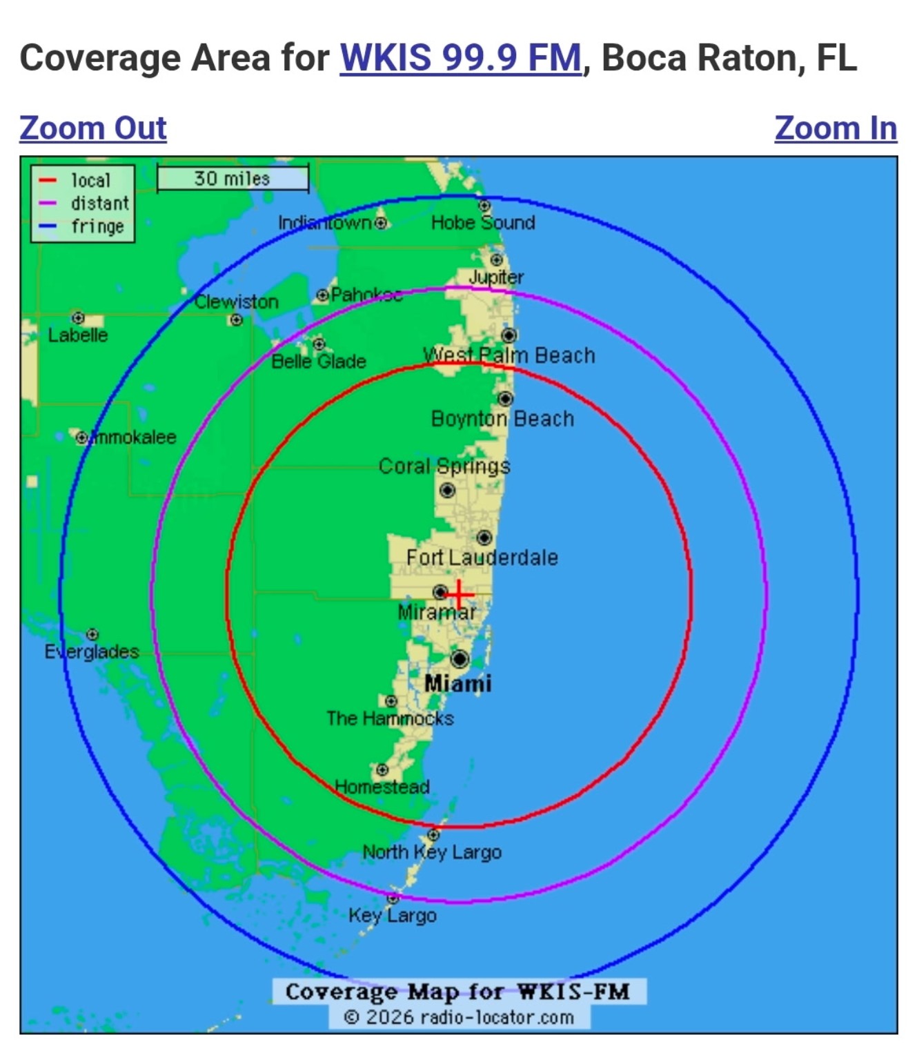 Station-supplied WKIS coverage map. The purple distant-signal contour indicates Israeli Radio Miami’s stated footprint.